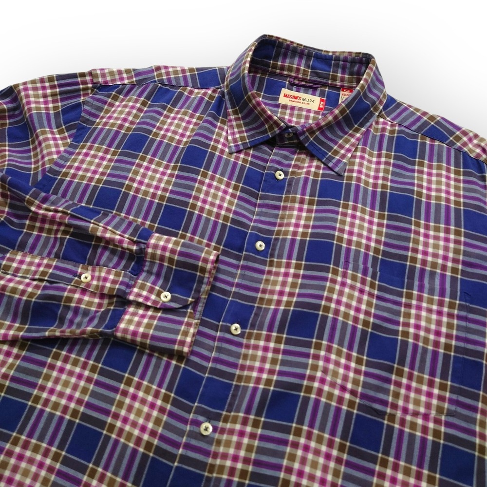 Mason's M.J.74 Made In Italy Flannel Blue Brown Plaid Men's XXL L/S Button Shirt